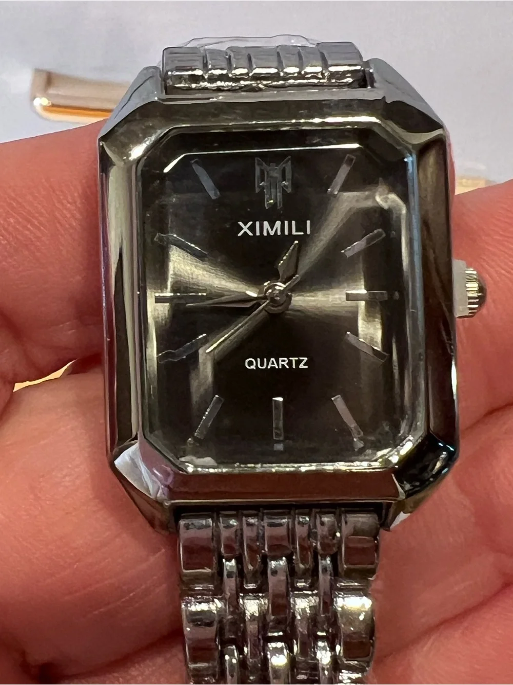 XIMILI Silver-Tone Rectangular Bracelet Watch with Black Dial